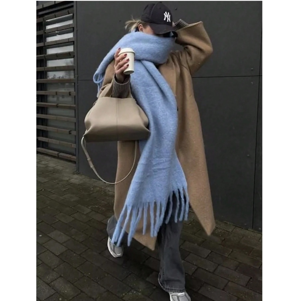 Blue Wide Shawl Scarf With Tassels Fuzzy Knit